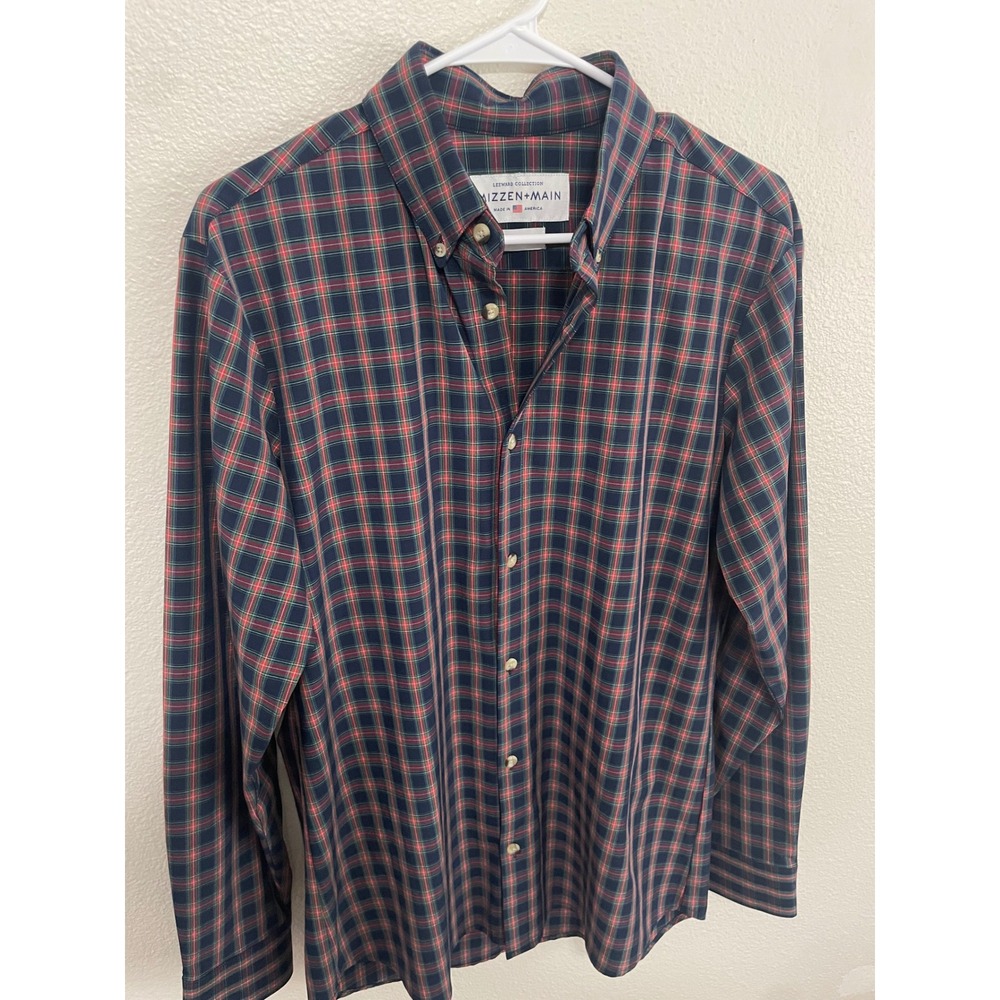 Mizzen+Main Leeward Shirt Mens Medium‎ Navy Red Plaid Stretch Performance EXC